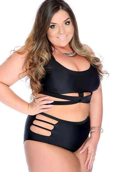 Sexy Black Cross Strappy High Waist Plus Size Swimsuit - AMIClubwear