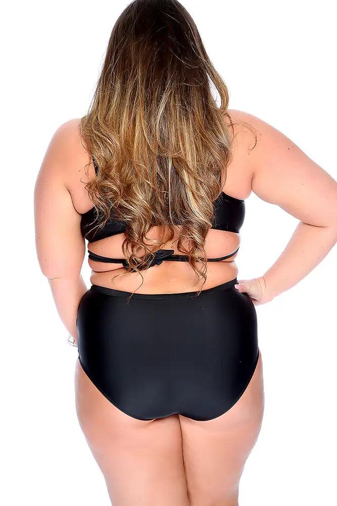 Sexy Black Cross Strappy High Waist Plus Size Swimsuit - AMIClubwear