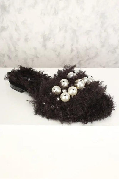 Sexy Black Curly Mohair Pearl Slip On Sandals - AMIClubwear