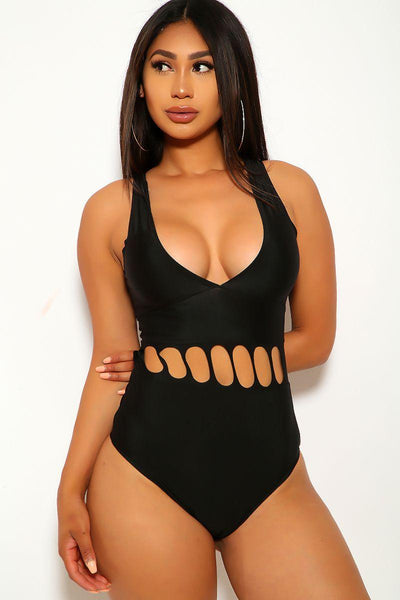 Sexy Black Cut Out Detailed V-Cut One Piece Swimsuit - AMIClubwear