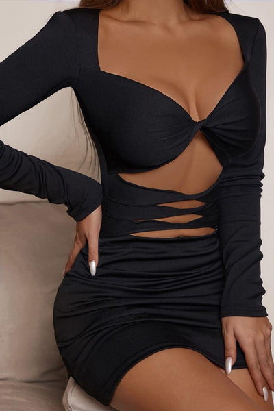 Sexy Black Cut Out Long Sleeve Party Dress - AMIClubwear