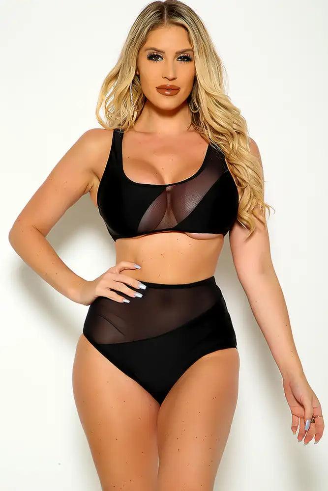 Sexy Black Cut Out Mesh High Waist Two Piece Swimsuit - AMIClubwear