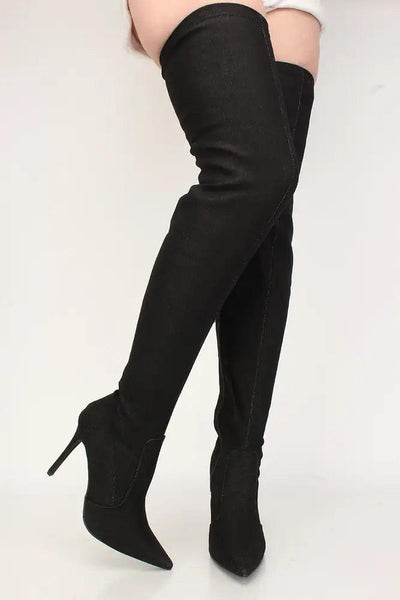 Sexy Black Denim Pointed Toe Thigh High Heel Boots - AMIClubwear