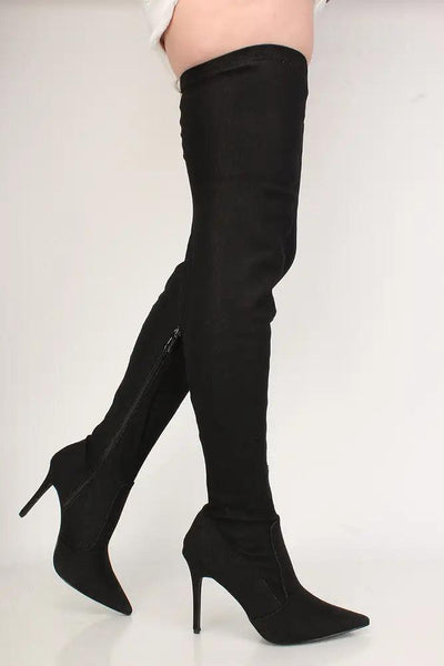 Sexy Black Denim Pointed Toe Thigh High Heel Boots - AMIClubwear