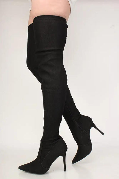 Sexy Black Denim Pointed Toe Thigh High Heel Boots - AMIClubwear