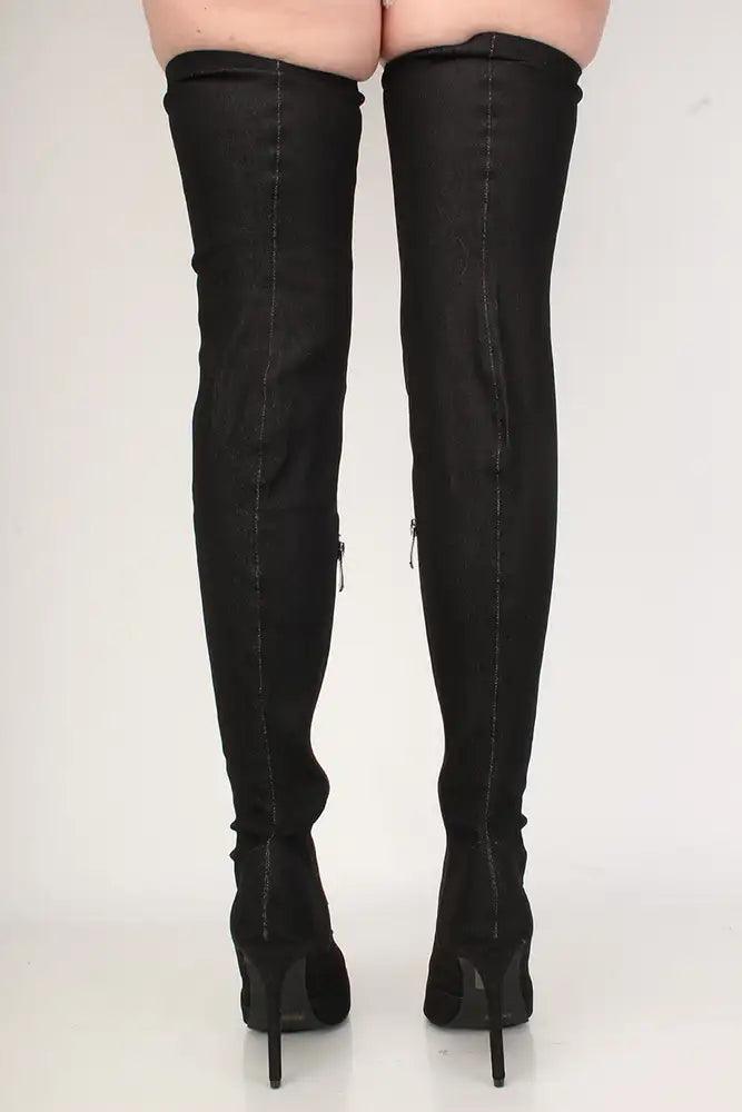 Sexy Black Denim Pointed Toe Thigh High Heel Boots - AMIClubwear