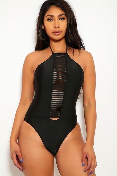 Sexy Black Distressed Cut Out Halter One Piece Swimsuit - AMIClubwear