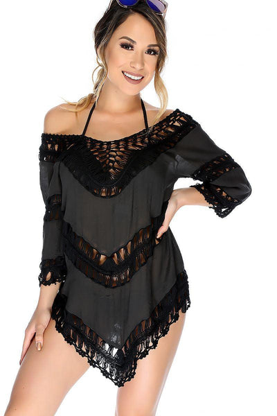Sexy Black Embroider Crochet Detail Swimsuit Cover Up - AMIClubwear