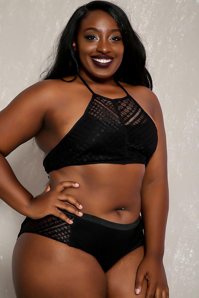 Sexy Black Embroider Lace Plus Size Two Piece Swimsuit - AMIClubwear