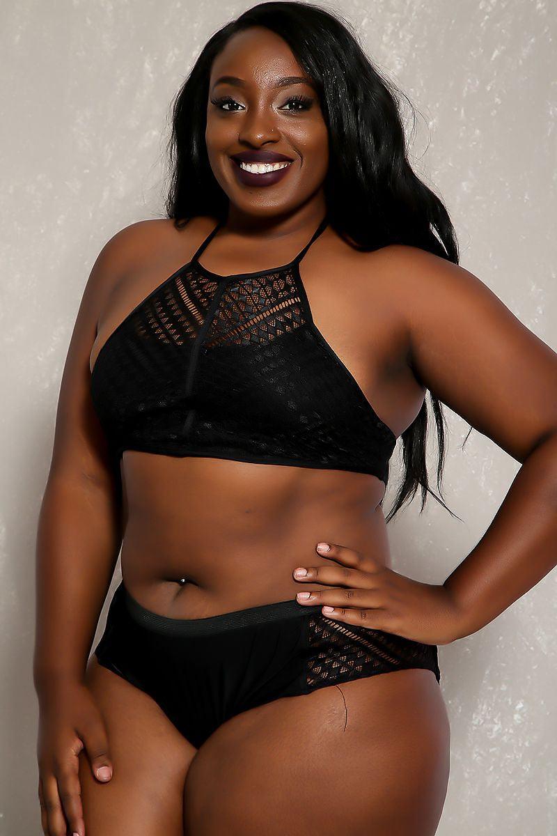 Sexy Black Embroider Lace Plus Size Two Piece Swimsuit - AMIClubwear