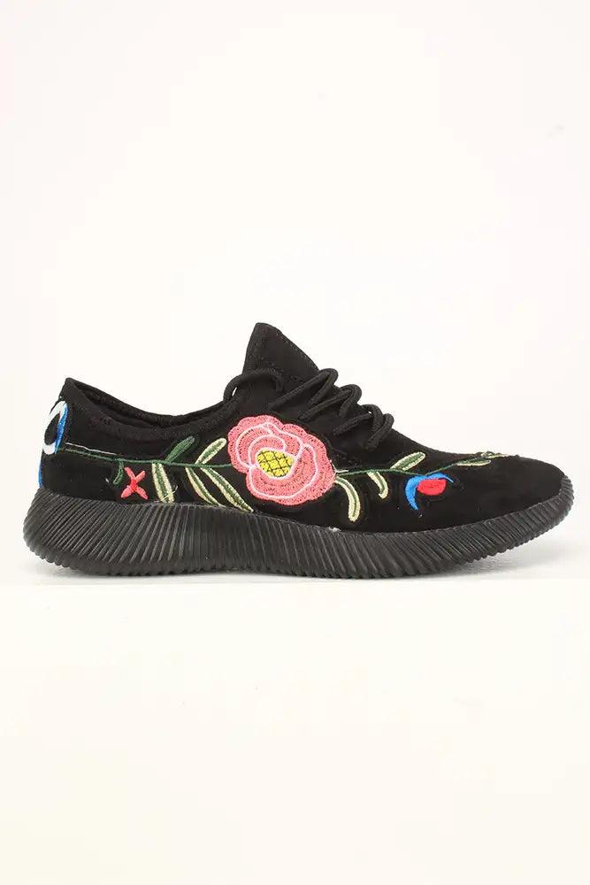 Sexy Black Embroidered Floral Lace Up Casual Sneakers Faux Suede - AMIClubwear