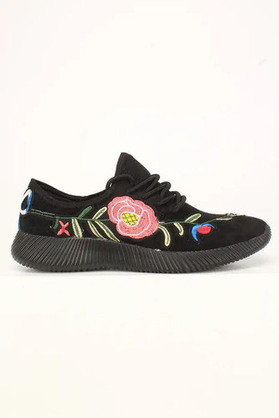 Sexy Black Embroidered Floral Lace Up Casual Sneakers Faux Suede - AMIClubwear