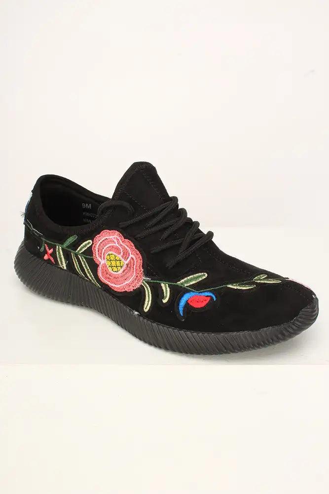 Sexy Black Embroidered Floral Lace Up Casual Sneakers Faux Suede - AMIClubwear