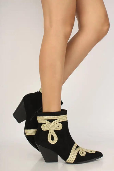 Sexy Black Embroidered Pointy Toe Chunky High Heels Booties Faux Suede - AMIClubwear