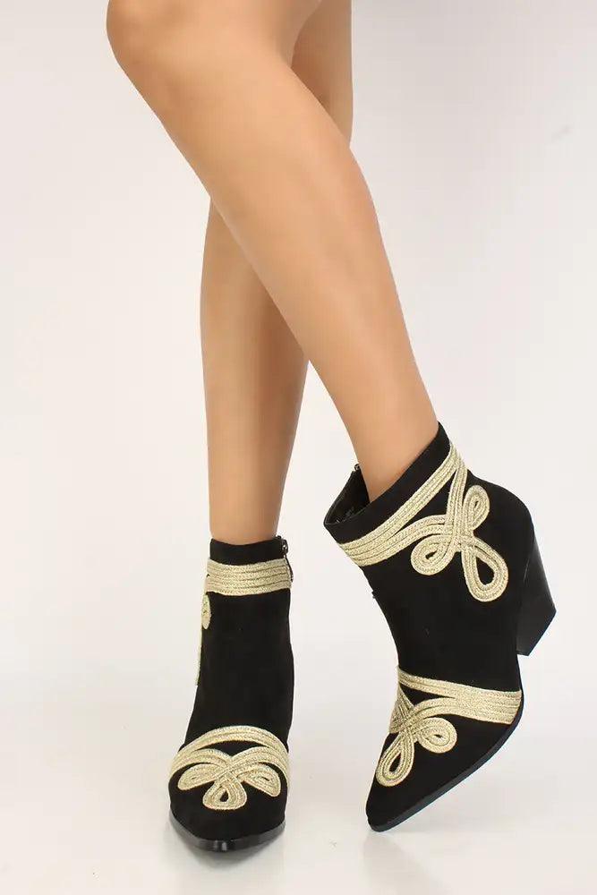 Sexy Black Embroidered Pointy Toe Chunky High Heels Booties Faux Suede - AMIClubwear