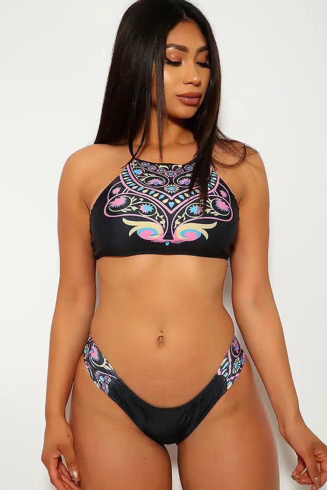 Sexy Black Ethnic Print Halter Two Piece Swimsuit - AMIClubwear