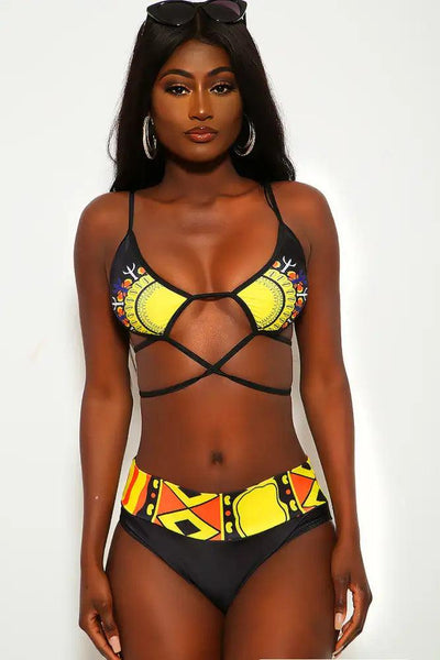 Sexy Black Ethnic Strappy High Waist Two Piece Swimsuit - AMIClubwear