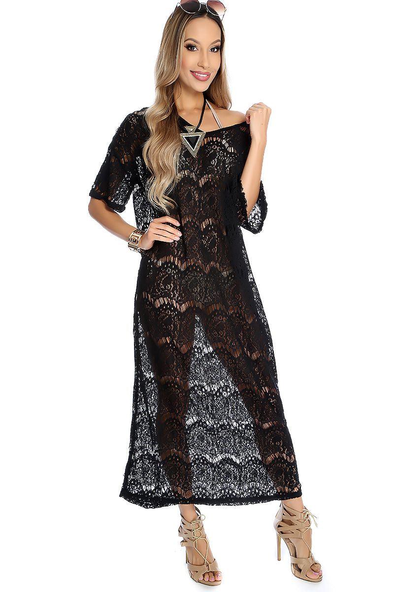 Sexy Black Eyelet Lace Maxi Dress Swimsuit Cover Up - AMIClubwear