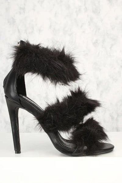 Sexy Black Faux Fur Strappy Open Toe Single Sole Heels - AMIClubwear