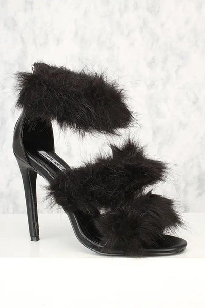 Sexy Black Faux Fur Strappy Open Toe Single Sole Heels - AMIClubwear