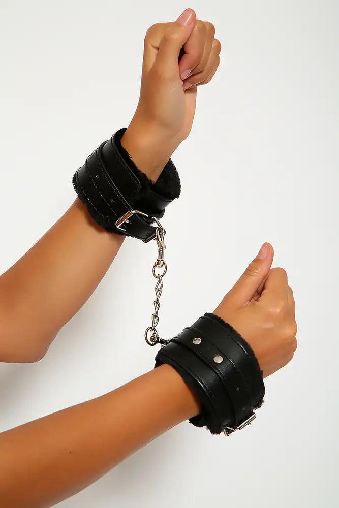 Sexy Black Faux Leather Faux Fur Handcuffs - AMIClubwear