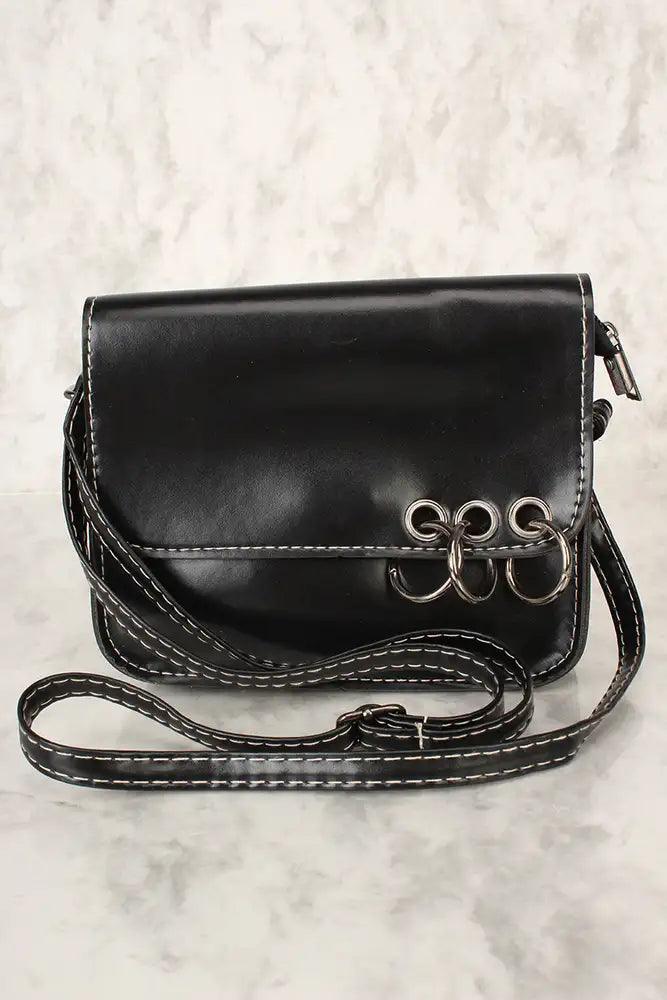 Sexy Black Faux Leather O-Ring Accent Small Shoulder Handbag - AMIClubwear