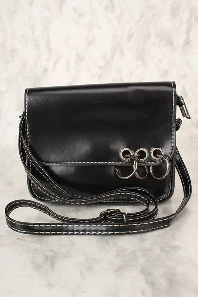 Sexy Black Faux Leather O-Ring Accent Small Shoulder Handbag - AMIClubwear