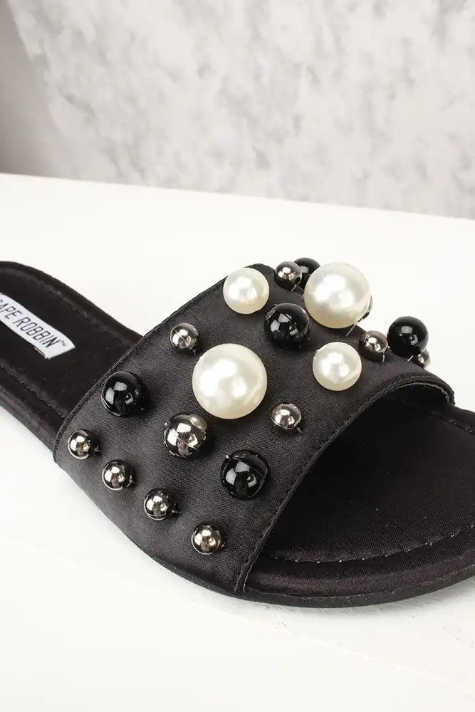 Sexy Black Faux Pearl Slip On Sandals Satin - AMIClubwear