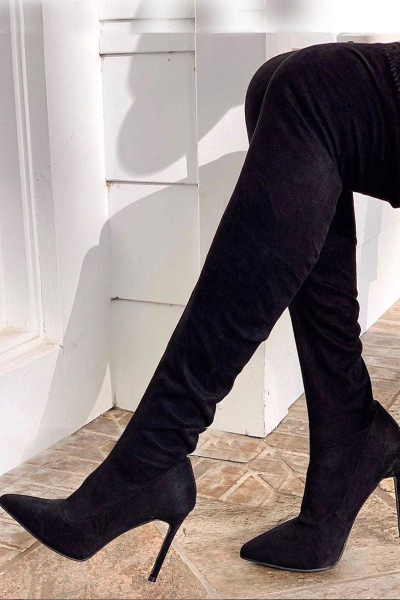 Sexy Black Faux Suede Pointy High Heel Thigh High Boots - AMIClubwear