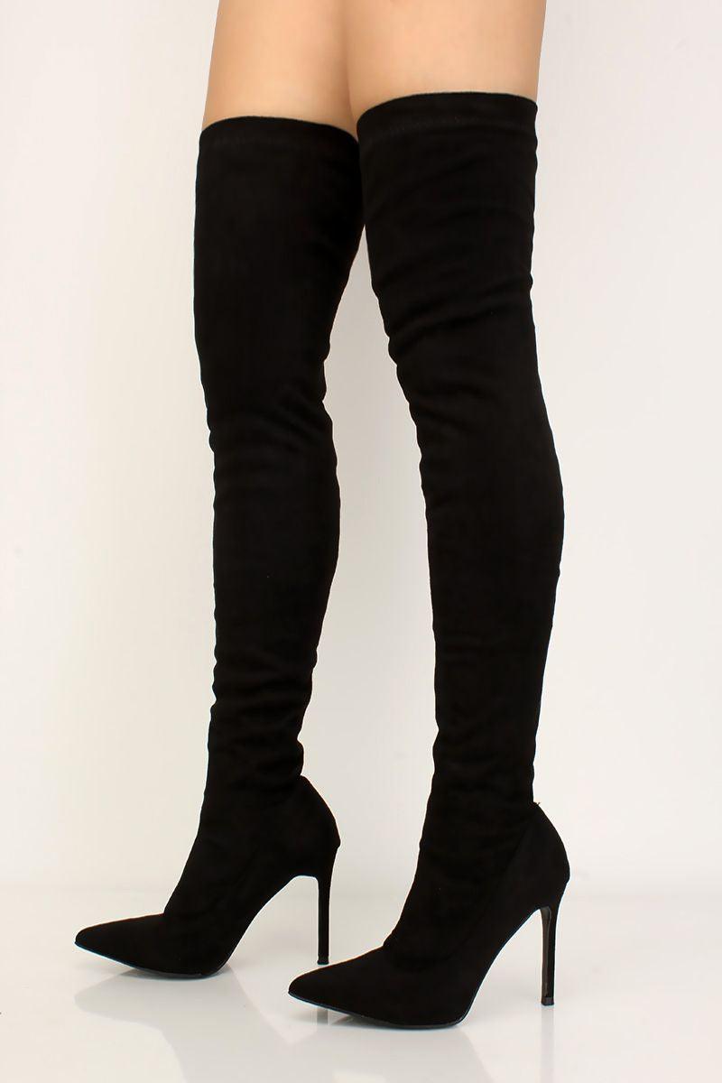 Sexy Black Faux Suede Pointy High Heel Thigh High Boots - AMIClubwear