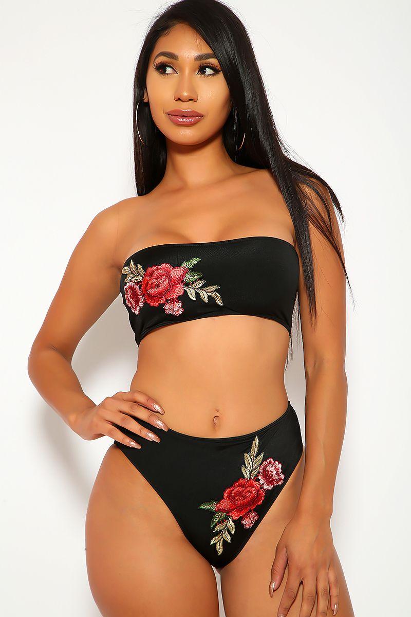 Sexy Black Floral Crochet Strapless High Waist Two Piece Swimsuit - AMIClubwear