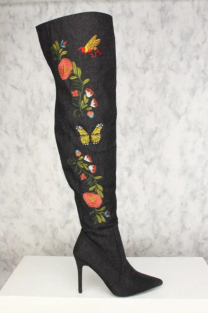 Sexy Black Floral Embroidered Pointed Toe Thigh High Boots Denim - AMIClubwear