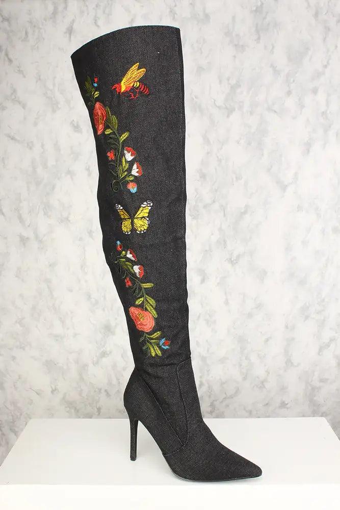 Sexy Black Floral Embroidered Pointed Toe Thigh High Boots Denim - AMIClubwear