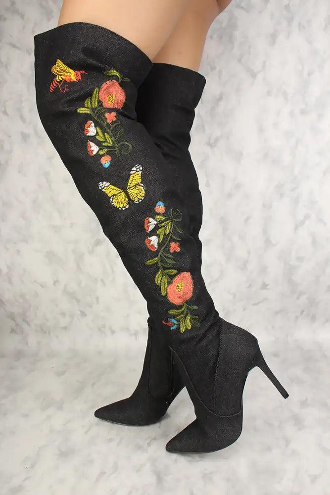 Sexy Black Floral Embroidered Pointed Toe Thigh High Boots Denim - AMIClubwear
