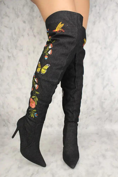 Sexy Black Floral Embroidered Pointed Toe Thigh High Boots Denim - AMIClubwear