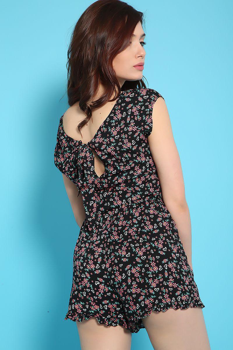 Sexy Black Floral Heart Sleeveless Casual Romper - AMIClubwear