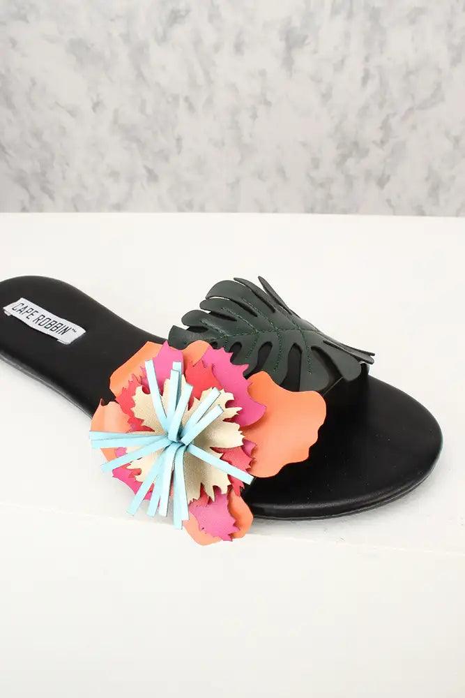 Sexy Black Floral Leaf Patch Slip On Sandals Faux Leather - AMIClubwear