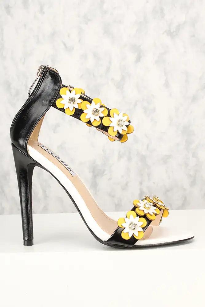 Sexy Black Floral Open Toe Single Sole High Heels Faux Leather - AMIClubwear
