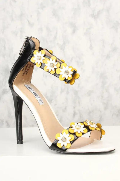Sexy Black Floral Open Toe Single Sole High Heels Faux Leather - AMIClubwear
