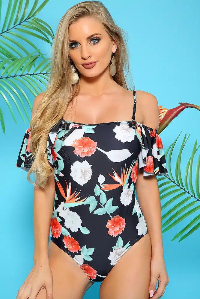 Sexy Black Floral Over Layer Sleeves One Piece Swimsuit - AMIClubwear