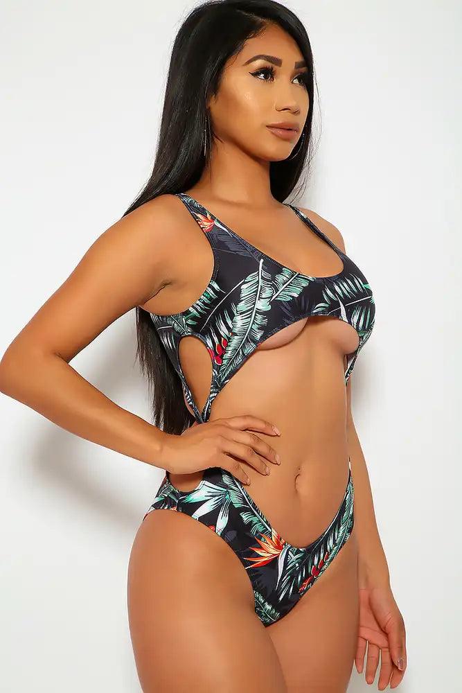 Sexy Black Floral Print Cut Out One Piece Swimsuit - AMIClubwear