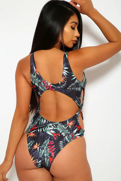 Sexy Black Floral Print Cut Out One Piece Swimsuit - AMIClubwear