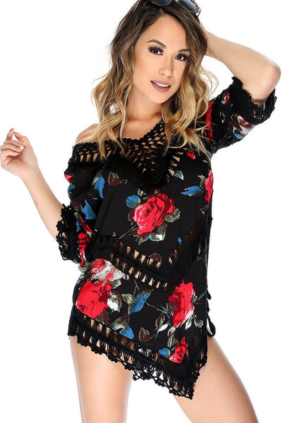 Sexy Black Floral Print Embroider Crochet Detail Swimsuit Cover Up - AMIClubwear