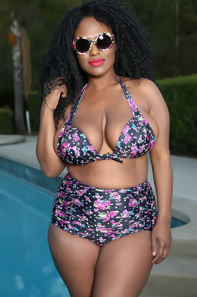 Sexy Black Floral Print High Waist Plus Size Swimsuit - AMIClubwear