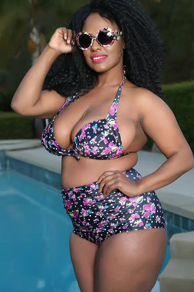 Sexy Black Floral Print High Waist Plus Size Swimsuit - AMIClubwear