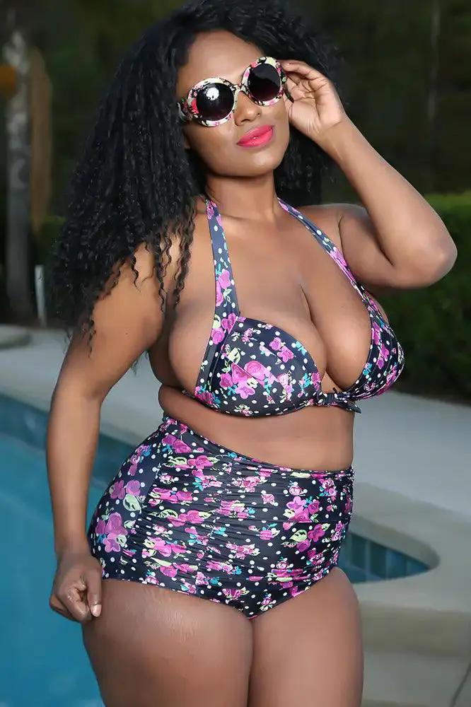 Sexy Black Floral Print High Waist Plus Size Swimsuit
