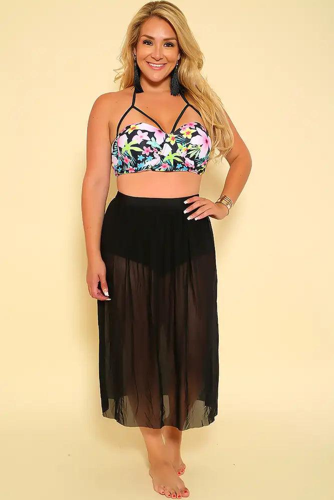 Sexy Black Floral Print Padded Plus Size Two Piece Swimsuit - AMIClubwear