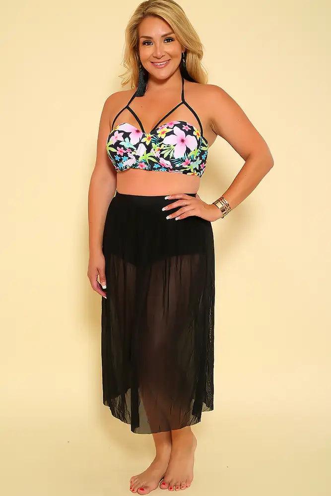 Sexy Black Floral Print Padded Plus Size Two Piece Swimsuit - AMIClubwear