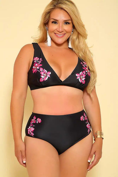 Sexy Black Floral Print Plus Size Two Piece Swimsuit - AMIClubwear