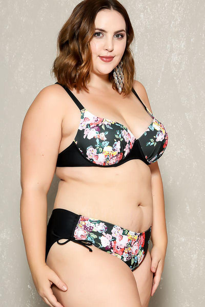 Sexy Black Floral Print Push Up 2Pc. Plus Size Swimsuit - AMIClubwear